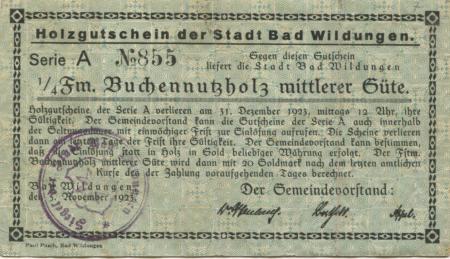 Wildungen (Bad) - Stadt - 7.11.1923  - 1/4 Kubik Festmeter Buchenholz 