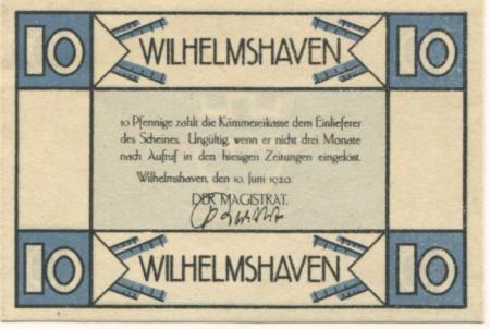 Wilhelmshaven - Stadt - 10.6.1920 - 10 Pfennig 