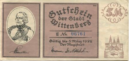 Wittenberg - Stadt - - 5.3.1922 - 5 Mark 