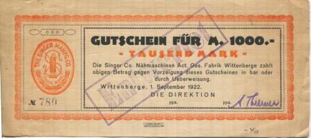 Wittenberge - Singer & Co, Nähmaschinen AG, Fabrik Wittenberge - 1.9.1922 - 1000 Mark 