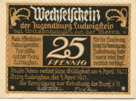 Witzenhausen - Vereinigung zur Erhaltung der Jugend-Burg Ludwigstein eV - 4.4.1921 - 4.4.1922 - 25 Pfennig 