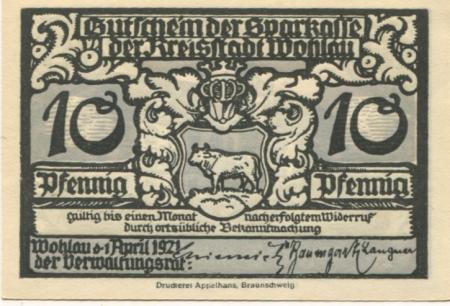 Wohlau (heute: PL-Wolów) - Städtische Sparkasse - 1.4.1921 - 10 Pfennig 