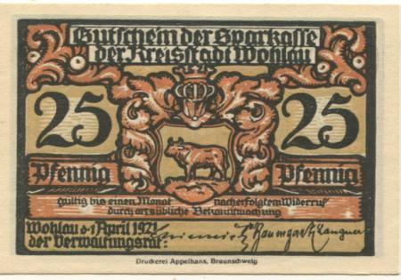 Wohlau (heute: PL-Wolów) - Städtische Sparkasse - 1.4.1921 - 25 Pfennig 