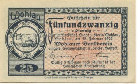 Wohlau (heute: PL-Wolów) - Wohlauer Bankverein eGmbH - 25.2.1920 - 25 Pfennig 