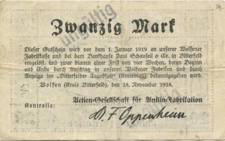 Wolfen (heute: Bitterfeld) - AG für Anilin-Fabrikation - 18.11.1918 - 1.1.1919 - 20 Mark 