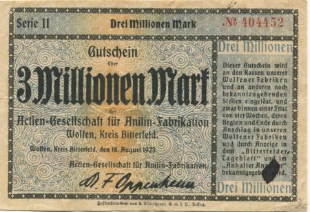 Wolfen (heute: Bitterfeld) - AG für Anilin-Fabrikation - 15.8.1923 - 3 Millionen Mark 