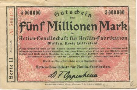Wolfen (heute: Bitterfeld) - AG für Anilin-Fabrikation - 10.9.1923 - 5 Millionen Mark 
