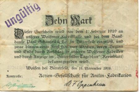 Wolfen (heute: Bitterfeld) (und Berlin-Treptow) - AG für Anilin-Fabrikation - 18.11.1918 - 1.2.1919 - 10 Mark 