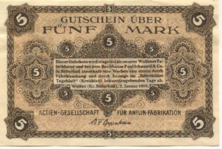 Wolfen (heute: Bitterfeld) (und Berlin-Treptow) - AG für Anilin-Fabrikation - 2.1.1919 - 5 Mark 