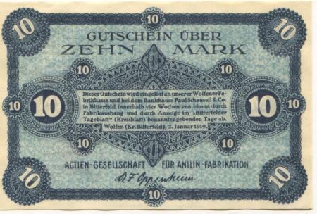 Wolfen (heute: Bitterfeld) (und Berlin-Treptow) - AG für Anilin-Fabrikation - 2.1.1919 - 10 Mark 