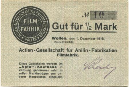 Wolfen (heute: Bitterfeld) - AG für Anilin-Fabrikation, Filmfabrik - 1.12.1916 - 1/2 Mark 