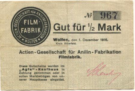 Wolfen (heute: Bitterfeld) - AG für Anilin-Fabrikation, Filmfabrik - 1.12.1916 - 1/2 Mark 