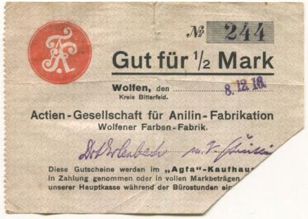 Wolfen (heute: Bitterfeld) - AG für Anilin-Fabrikation, Wolfener Farbenfabrik - 8.12.1916 - 1/2 Mark 