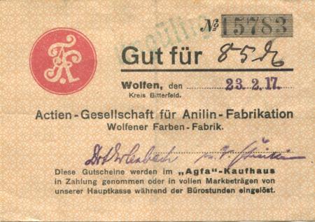 Wolfen (heute: Bitterfeld) - AG für Anilin-Fabrikation, Wolfener Farbenfabrik - 23.2.1917 - 85 Pfennig 