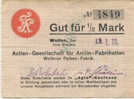 Wolfen (heute: Bitterfeld) - AG für Anilin-Fabrikation, Wolfener Farbenfabrik - 12.1.1917 - 1/2 Mark 