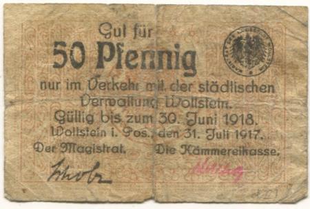 Wollstein (heute: PL-Wolsztyn) -Stadt - 31.7.1917 - 30.6.1918 - 50 Pfennig 