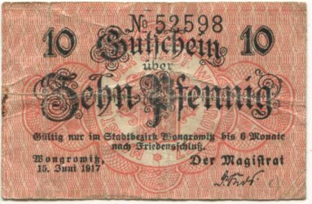 Wongrowitz (heute: PL-Wagrowiec) - Stadt - 15.6.1917 - 10 Pfennig 