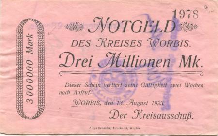 Worbis (heute: Leinefelde-Worbis) - Kreis - 15.8.1923 - 3 Millionen Mark 