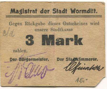 Wormditt (heute: PL-Ometa)  - Stadt - -- - 3 Mark 