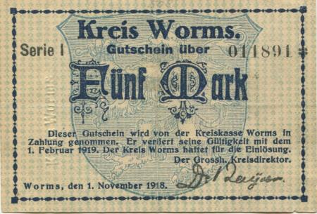 Worms - Kreis - 1.11.1918 - 1.2.1919 - 5 Mark 
