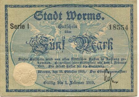 Worms - Stadt - 15.10.1918 - 1.2.1919  - 5 Mark 