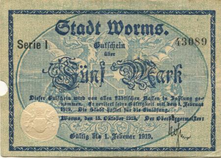 Worms - Stadt - 15.10.1918 - 1.2.1919  - 5 Mark 
