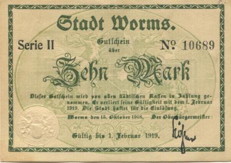 Worms - Stadt - 15.10.1918 - 1.2.1919  - 10 Mark 