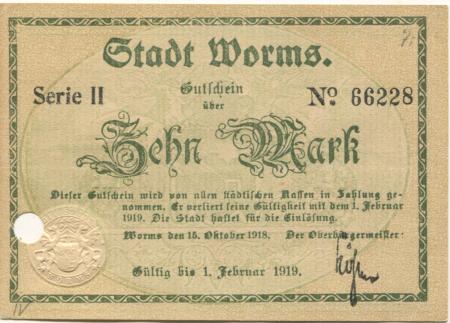 Worms - Stadt - 15.10.1918 - 1.2.1919  - 10 Mark 