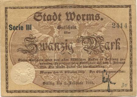 Worms - Stadt - 15.10.1918 - 1.2.1919 - 20 Mark 