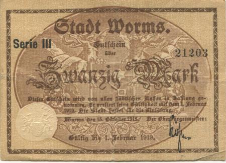 Worms - Stadt - 15.10.1918 - 1.2.1919 - 20 Mark 