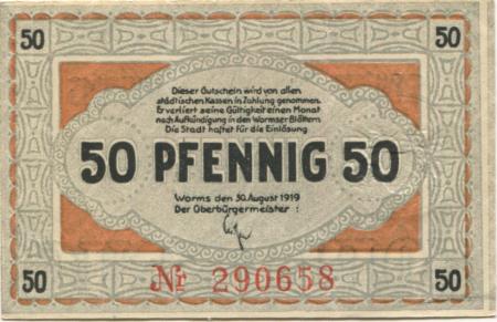 Worms - Stadt - 30.8.1919 - 50 Pfennig 