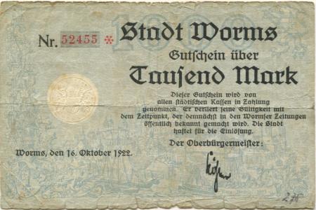 Worms - Stadt - 16.10.1922 - 1000 Mark 