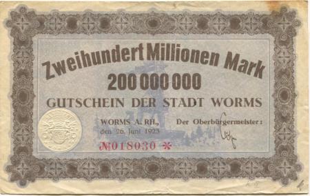 Worms - Stadt - 26.6.1923 - 200 Millionen Mark 