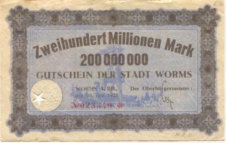 Worms - Stadt - 26.6.1923 - 200 Millionen Mark 