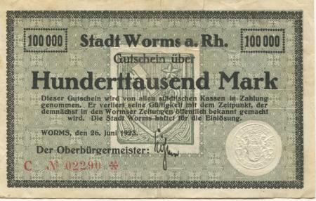 Worms - Stadt - 26.6.1923 - 100000 Mark 