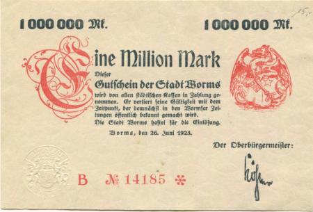 Worms - Stadt - 26.6.1923 - 1 Million Mark 