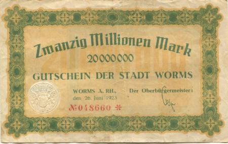 Worms - Stadt - 26.6.1923 - 20 Millionen Mark 