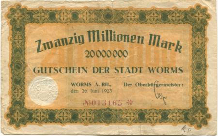 Worms - Stadt - 26.6.1923 - 20 Millionen Mark 