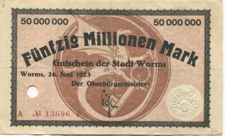 Worms - Stadt - 26.6.1923 - 50 Millionen Mark 