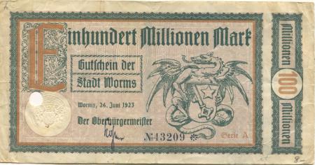 Worms - Stadt - 26.6.1923 - 100 Millionen Mark 