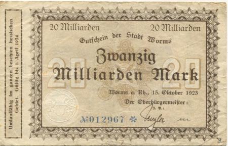 Worms - Stadt - 15.10.1923 - 1.4.1924 - 20 Milliarden Mark 