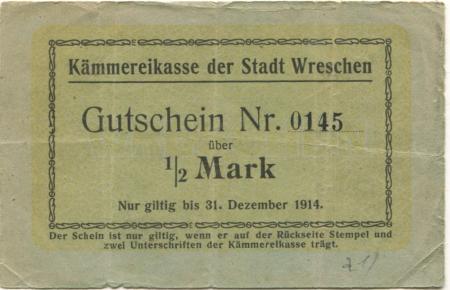 Wreschen (heute: PL-Wrzesnia) - Stadt - - 31.12.1914 - 1/2 Mark 