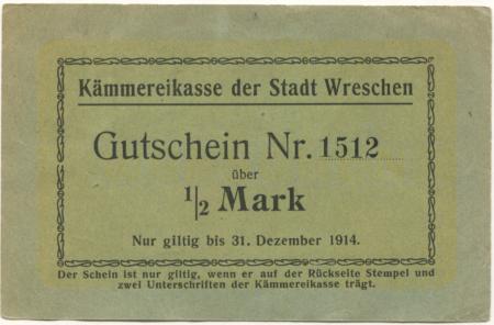 Wreschen (heute: PL-Wrzesnia) - Stadt - - 31.12.1914 - 1/2 Mark 