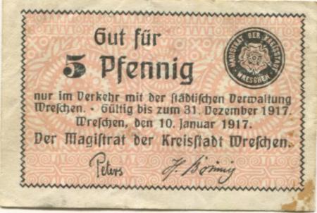 Wreschen (heute: PL-Wrzesnia) - Stadt - 10.1.1917 - 31.12.1917 - 5 Pfennig 