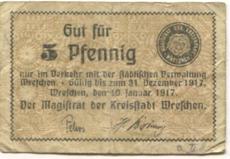 Wreschen (heute: PL-Wrzesnia) - Stadt - 10.1.1917 - 31.12.1917 - 5 Pfennig 