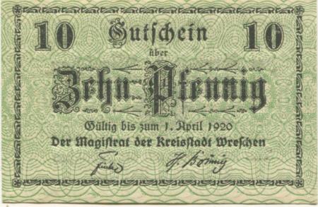 Wreschen (heute: PL-Wrzesnia) - Stadt - - 1.4.1920 - 10 Pfennig 
