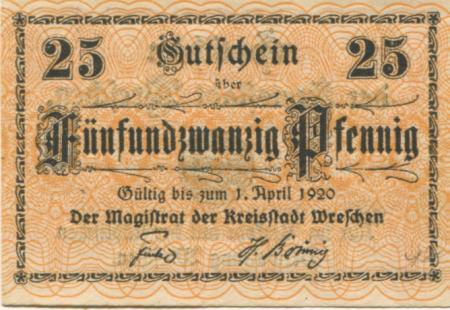 Wreschen (heute: PL-Wrzesnia) - Stadt - - 1.4.1920 - 25 Pfennig 