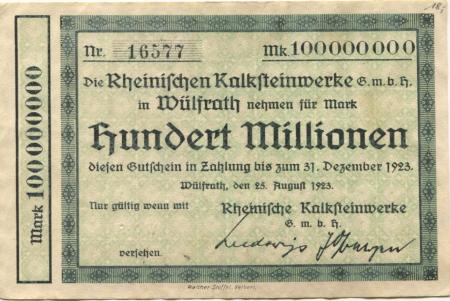 Wülfrath - Rheinische Kalkwerke GmbH, Kaiser Wilhelm-Str. 98 - 25.8.1923 - 31.12.1923 - 100 Millionen Mark 