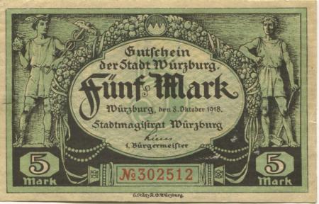 Würzburg - Stadt - 8.10.1918 - 1.2.1919 - 5 Mark 