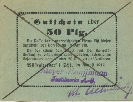 Wüstegiersdorf (heute: PL-Gluszyca) -  Kauffmann, Meyer, Textilwerke AG - August 1914 - 50 Pfennig 